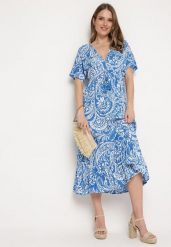 Niebieska Sukienka W stylu Boho z Gumką w Pasie i Chwostami Wornima. Niebieskie sukienki damskie Born2be, l, bez wzorów, boho, bez kołnierzyka, bez ramiączek, midi. W wyprzedaży za 79.99 zł.