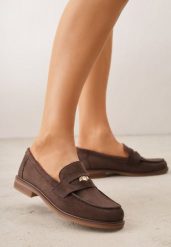 Ciemnobrązowe Mokasyny VICES z Wkładką ze Skóry Naturalnej i Metaliczną Aplikacją Nanora. Brązowe mokasyny damskie Born2be, z jeansu. Za 89.99 zł.