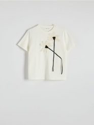 Bawełniany t-shirt z aplikacją 3d - biały. Białe t-shirty damskie Reserved, l, z aplikacjami, z bawełny, bez kołnierzyka. W wyprzedaży za 59.99 zł.
