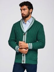 Męski sweter kardigan z szalowym kołnierzem w stylu preppy - zielony V2 - Rozmiar: M. Zielone kardigany męskie Ombre Clothing, m, bez wzorów, z bawełny, eleganckie, bez kołnierzyka. W wyprzedaży za 89.99 zł.