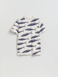 T-shirt comfort z nadrukiem allover - beżowy. Brązowe t-shirty męskie Reserved, l, bez wzorów, z bawełny, bez kołnierzyka. Za 59.99 zł.