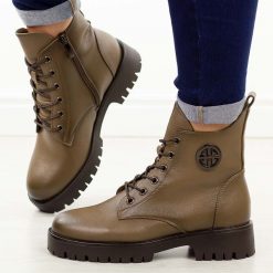 Khaki botki damskie na traperze Potocki 12672. Brązowe botki damskie POTOCKI, z dzianiny, bez obcasa. Za 269.00 zł.