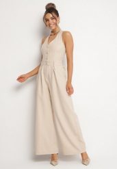 Beżowy Kombinezon Taliowany Ozdobiony Guzikami Niladwenna. Brązowe kombinezony damskie Born2be, m, bez wzorów, eleganckie, bez kołnierzyka, bez ramiączek. Za 129.99 zł.