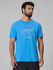 4F T-shirt regular z nadrukiem męski - niebieski XXL. Niebieskie t-shirty męskie 4f, m, bez wzorów, z materiału, bez kołnierzyka. Za 69.99 zł.