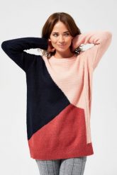 Sweter z łączonych wzorów. Niebieskie swetry klasyczne damskie MOODO, s, z elastanu, bez kołnierzyka. W wyprzedaży za 49.99 zł.