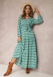 Zielona Sukienka Rozkloszowana z Gumką w Pasie Kefem. Zielone sukienki damskie Renee, na spotkanie biznesowe, l, bez wzorów, z materiału, boho, bez kołnierzyka, bez ramiączek, maxi, kopertowe. W wyprzedaży za 83.99 zł.