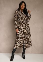 Panterkowa Sukienka z Wiskozą o Koszulowym Kroju z Wiązaniem Saros. Sukienki damskie Renee, na randkę, l, bez wzorów, z tkaniny, bez kołnierzyka, bez ramiączek, maxi, koszulowe. Za 109.99 zł.