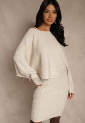 Ciemnobeżowy Prążkowany Komplet z Dzianiny Sukienka Bodycon i Sweter Nietoperz Wediana. Brązowe sukienki damskie Renee, m, bez wzorów, z dzianiny, eleganckie, bez kołnierzyka, bez ramiączek, bodycon. Za 139.99 zł.