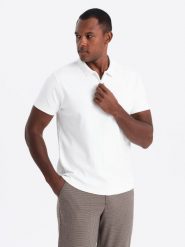 Męska koszulka polo z kołnierzykiem zapinanym na zamek – biała V1 OM-POSS-0132 - XXL. Białe koszulki polo męskie Ombre Clothing, l, z aplikacjami, z bawełny, bez ramiączek. W wyprzedaży za 49.99 zł.