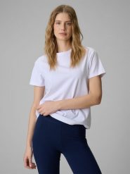 4F T-shirt regular gładki damski - biały S. Białe t-shirty damskie 4f, s, bez wzorów, z materiału, bez kołnierzyka. Za 49.99 zł.