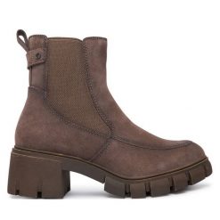 Botki Tamaris. Brązowe botki damskie Tamaris, bez obcasa, na słupku, bez zapięcia. Za 489.99 zł.