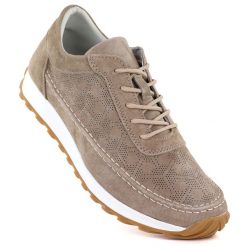 Skórzane półbuty damskie zamszowe jasny braz Sergio Leone SP001. Półbuty damskie Sergio Leone, w ażurowe wzory, ze skóry, bez obcasa. Za 179.99 zł.