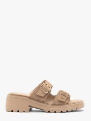 Piaskowe klapki damskie DONNA. Brązowe klapki damskie RKO, bez wzorów, z materiału, bez obcasa, na platformie. Za 349.99 zł.