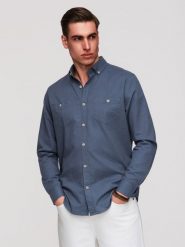 Męska koszula lniana z klasycznym kołnierzykiem i kieszeniami REGULAR FIT – niebieska V4. Niebieskie koszule męskie Ombre Clothing, na lato, l, z aplikacjami, z bawełny, bez kołnierzyka, bez ramiączek. Za 229.99 zł.
