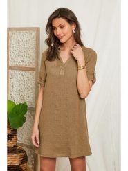 Lin Passion Lniana sukienka w kolorze beżowym rozmiar: 40/42. Brązowe sukienki damskie Lin Passion, na co dzień, bez wzorów, ze lnu, klasyczne, bez kołnierzyka, bez ramiączek, mini, proste. Za 113.99 zł.