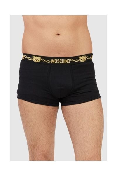MOSCHINO Czarne bokserki męskie z brokatowym logo, Rozmiar XL. Czarne bokserki męskie MOSCHINO, bez wzorów, z bawełny. W wyprzedaży za 114.99 zł.