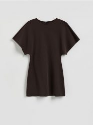 Sukienka mini z modalem - ciemnobrązowy. Brązowe sukienki damskie Reserved, na co dzień, l, bez wzorów, z dzianiny, bez kołnierzyka, bez ramiączek, mini, proste. Za 129.99 zł.