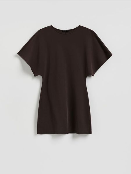 Sukienka mini z modalem - ciemnobrązowy. Brązowe sukienki damskie Reserved, na co dzień, l, bez wzorów, z dzianiny, bez kołnierzyka, bez ramiączek, mini, proste. Za 129.99 zł.