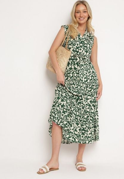 Zielona Wiskozowa Sukienka z Gumką w Pasie Zapinana na Guziki z Materiałowym Paskiem Giselia. Zielone sukienki damskie Born2be, na co dzień, na lato, l, bez wzorów, z jeansu, eleganckie, bez kołnierzyka, bez ramiączek, mini. Za 119.99 zł.