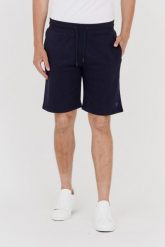 GUESS Granatowe dresowe szorty męskie, Rozmiar S. Niebieskie szorty męskie Guess, z aplikacjami, z dresówki. W wyprzedaży za 266.99 zł.