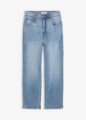 Luźne jeansy, high waist, cropped. Niebieskie jeansy damskie bonprix, z podwyższonym stanem. Za 129.99 zł.