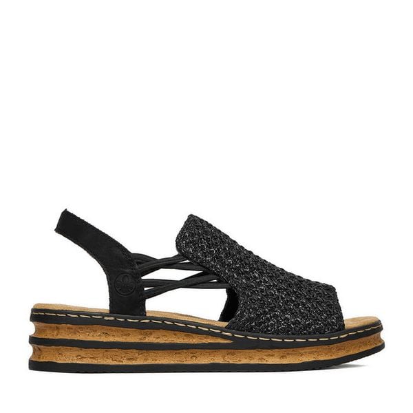 Sandały Rieker. Czarne sandały damskie Rieker, bez wzorów, bez obcasa, na koturnie. Za 319.99 zł.