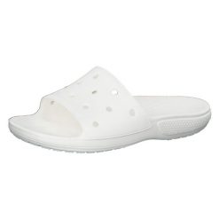 Klapki damskie Crocs Classic Slide. Białe klapki damskie Crocs, bez wzorów, z materiału, bez obcasa. W wyprzedaży za 114.80 zł.