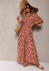 Fuksjowo-Beżowy Boho Kombinezon z Wiązaniem na Plecach z Gumką w Pasie i Długimi Nogawkami Sopolia. Czerwone kombinezony damskie Renee, bez wzorów, boho, bez kołnierzyka, bez ramiączek, długie. Za 69.99 zł.
