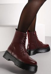 Bordowe Botki Workery na Platformie ze Sznurowaniem Ixuelli. Czerwone botki damskie Born2be, z dzianiny, eleganckie, z okrągłym noskiem, bez obcasa, na platformie, bez zapięcia. Za 119.99 zł.