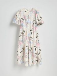 Bawełniana sukienka z bufkami - wielobarwny. Sukienki damskie Reserved, l, bez wzorów, z bawełny, bez kołnierzyka, bez ramiączek, rozkloszowane. Za 149.99 zł.