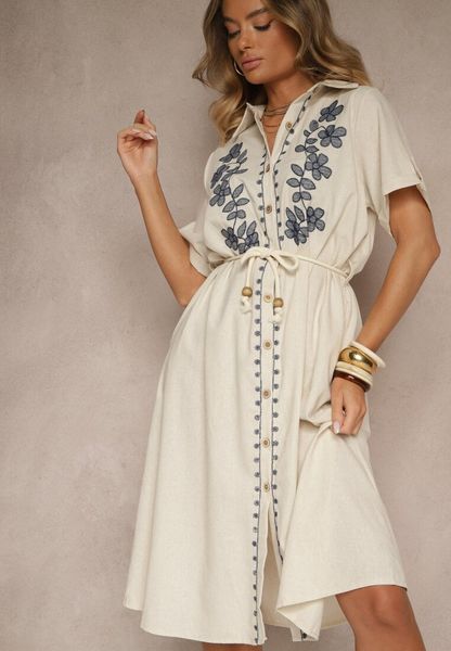 Beżowa Koszulowa Sukienka z Bawełny z Ozdobnym Haftem Saviressa. Brązowe sukienki damskie Renee, do pracy, l, bez wzorów, z bawełny, biznesowe, bez kołnierzyka, bez ramiączek, midi, koszulowe. Za 119.99 zł.