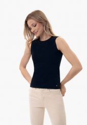 Granatowy, prążkowany top, Slim Fit, T-DEMI. Niebieskie topy sportowe damskie Volcano, s, bez wzorów, z elastanu, bez ramiączek. Za 54.99 zł.