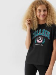 4F T-shirt z nadrukiem dziewczęcy - czarny 128 (7-8 lat). Czarne koszulki dziewczęce 4f, bez wzorów, z bawełny, bez ramiączek. Za 49.99 zł.