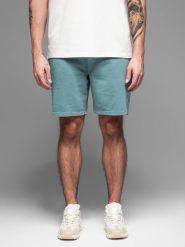 Męskie krótkie spodenki dresowe RELAXED FIT w stylu athleisure – turkusowe V1 OM-SRWS-0122 - XXL. Niebieskie szorty męskie Ombre Clothing, z bawełny, bez kołnierzyka. W wyprzedaży za 59.99 zł.