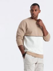 Bluza męska OVERSIZE z kontrastowym łączeniem kolorów - beżowa V2 OM-SSNZ-0130 - XXL. Brązowe bluzy bez kaptura męskie Ombre Clothing, l, z bawełny. W wyprzedaży za 49.99 zł.
