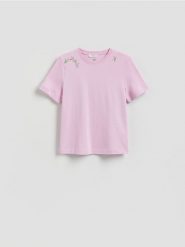 T-shirt z haftem - lawendowy. Fioletowe t-shirty damskie Reserved, l, bez wzorów, z bawełny, bez kołnierzyka. Za 79.99 zł.