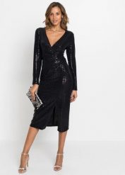 Dopasowana do figury sukienka z cekinami. Czarne sukienki damskie bonprix, bez wzorów, eleganckie, bez kołnierzyka, bez ramiączek, dopasowane. Za 189.99 zł.