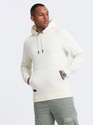 Dresowa bluza męska kangurka z kapturem BASIC – kremowa V5 OM-SSBN-0161 - XXL. Białe bluzy z kapturem męskie Ombre Clothing, l, z dresówki. Za 113.99 zł.