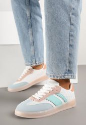Biało-Niebieskie Sneakersy Typu Tenisówki z Ozdobnymi Paskami Amodelle. Białe trampki i tenisówki damskie Born2be, bez wzorów, z jeansu. Za 84.99 zł.