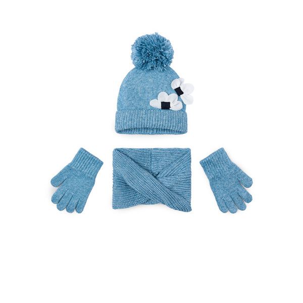 Komplet czapka, komin i rękawiczki Mayoral. Niebieskie szaliki dziecięce Mayoral, bez ramiączek. Za 79.99 zł.
