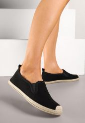 Czarne Espadryle ze Zdobieniami z Plecionki i Elastycznymi Wstawkami Nitaziela. Czarne espadryle damskie Renee, z aplikacjami, z jeansu, bez obcasa. Za 49.99 zł.