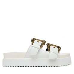 Klapki Versace Jeans Couture. Białe klapki damskie Versace Jeans Couture, bez wzorów, z jeansu, bez obcasa. Za 839.99 zł.