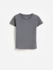 Gładki t-shirt - ciemnoszary. Szare koszulki dziewczęce Reserved, bez wzorów, z dzianiny, bez ramiączek. Za 25.99 zł.