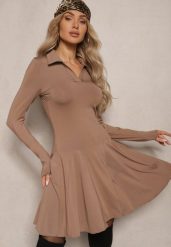 Ciemnobeżowa Sukienka z Wiskozą o Rozkloszowanym Kroju z Kołnierzykiem Ettoria. Brązowe sukienki damskie Renee, l, bez wzorów, z wiskozy, eleganckie, bez kołnierzyka, bez ramiączek, mini, rozkloszowane. W wyprzedaży za 83.99 zł.