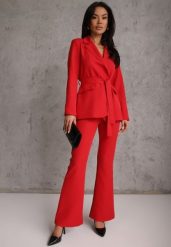 Czerwony Komplet o Garniturowym Kroju z Marynarką z Wiązaniem i Spodniami Falestra. Czerwone marynarki i żakiety damskie Renee, m, bez wzorów, casualowe. Za 219.99 zł.