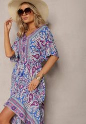 Niebiesko-Fuksjowa Wiskozowa Sukienka Maxi z Gumką w Pasie Ozdobiona Wzorem Paisley Larite. Niebieskie sukienki damskie Renee, na co dzień, na lato, l, bez wzorów, z wiskozy, eleganckie, bez kołnierzyka, bez ramiączek, maxi, kopertowe. W wyprzedaży za 62.99 zł.