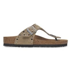 Birkenstock Gizeh Rivet LEVE Taupe Japonki damskie. Brązowe klapki damskie Birkenstock, bez wzorów, ze skóry, bez obcasa. Za 499.99 zł.