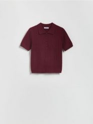 Sweter z kołnierzykiem polo - bordowy. Czerwone swetry klasyczne damskie Reserved, l, z dzianiny, bez kołnierzyka. Za 99.99 zł.