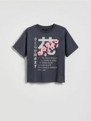 T-shirt z nadrukiem - ciemnoszary. Szare koszulki dziewczęce Reserved, bez wzorów, z bawełny, bez ramiączek. Za 39.99 zł.