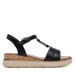 Sandały Tamaris. Czarne sandały damskie Tamaris, bez wzorów, bez obcasa, na koturnie. Za 279.99 zł.